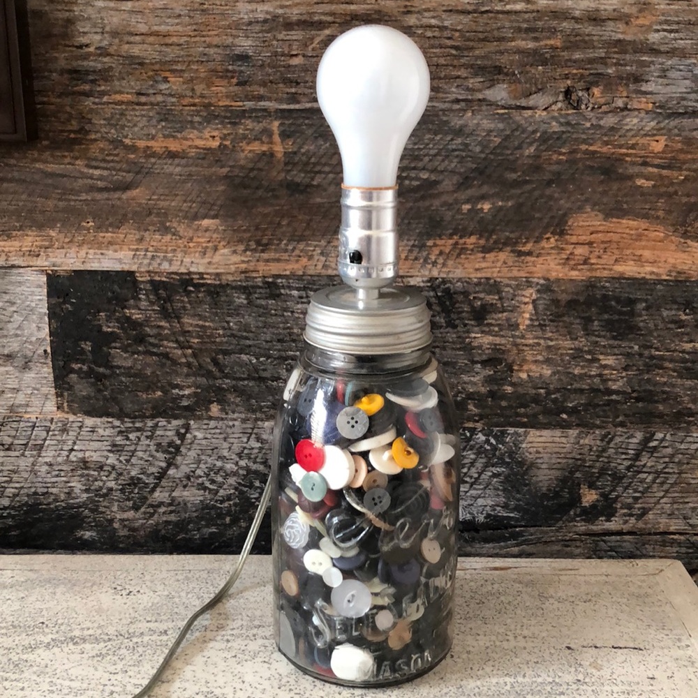 Mason Jar Lamp filled with Vintage Buttons